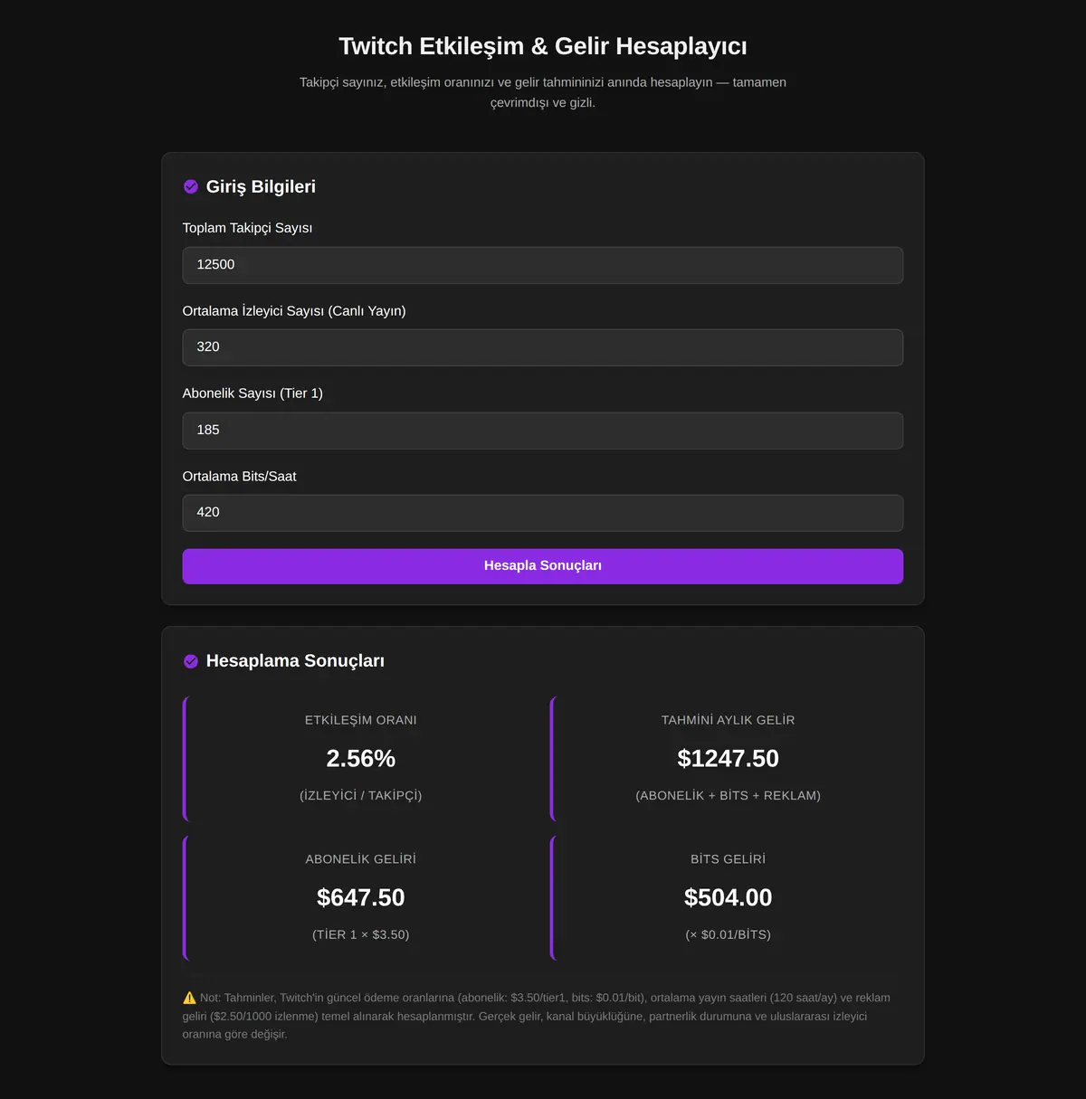 Twitch Etkileşim & Gelir Hesaplayıcı ekran görüntüsü 3