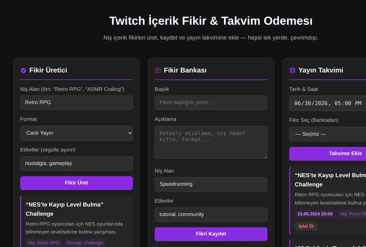 Twitch İçerik Fikir & Takvim Odemesı ekran görüntüsü
