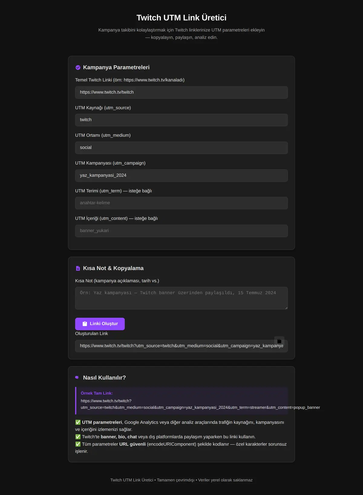 Twitch UTM Link Üretici ekran görüntüsü 3