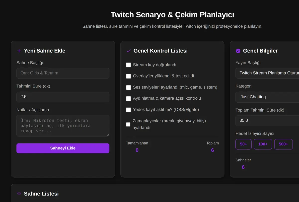 Twitch Senaryo & Çekim Planlayıcı ekran görüntüsü