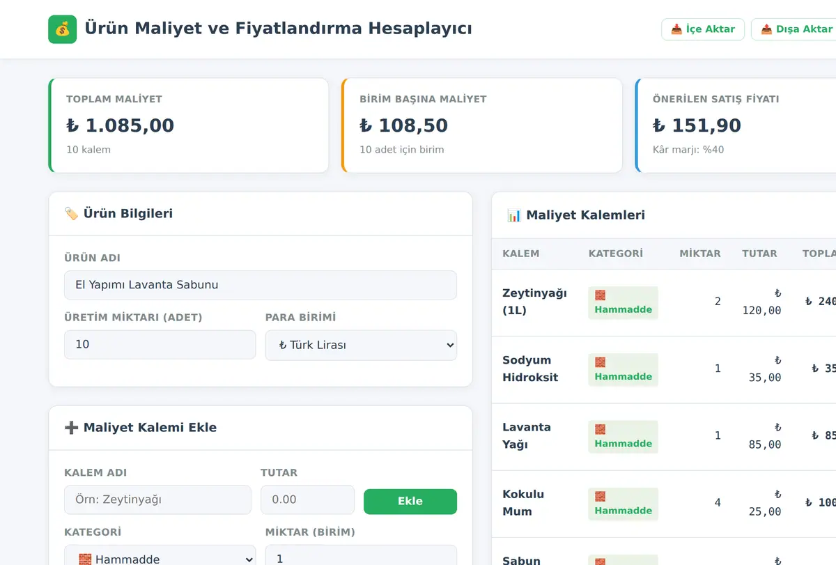 Ürün Maliyet ve Fiyatlandırma Hesaplayıcı ekran görüntüsü