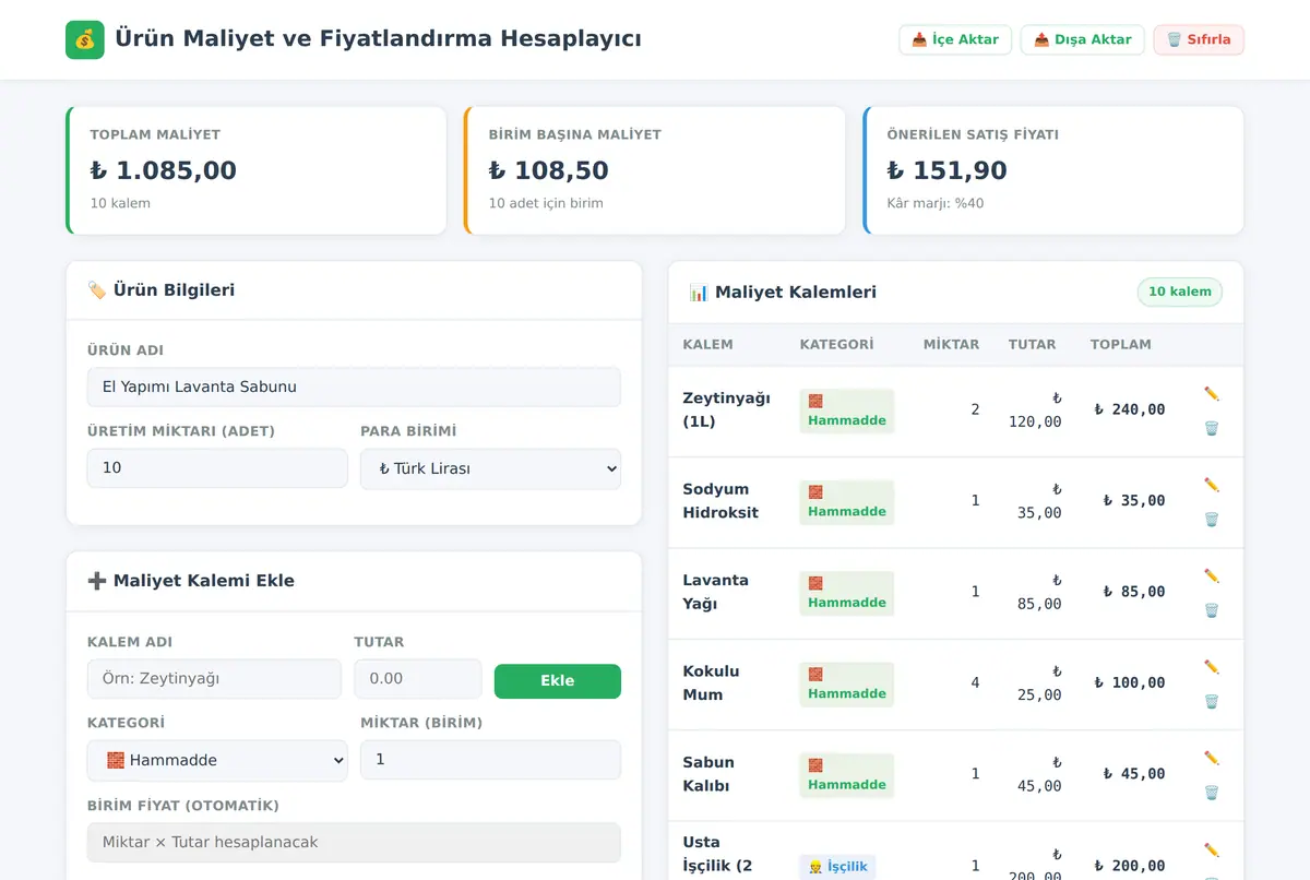 Ürün Maliyet ve Fiyatlandırma Hesaplayıcı ekran görüntüsü 2