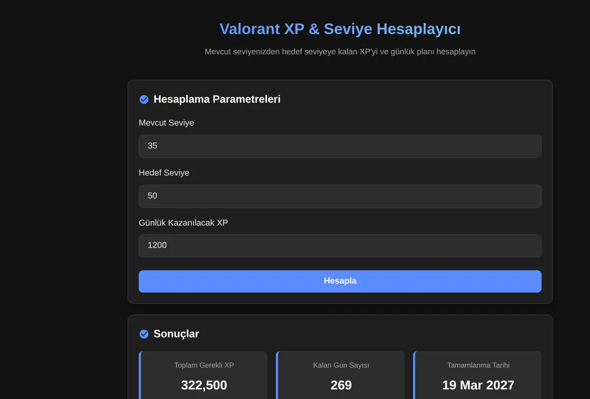 Valorant XP & Seviye Hesaplayıcı ekran görüntüsü