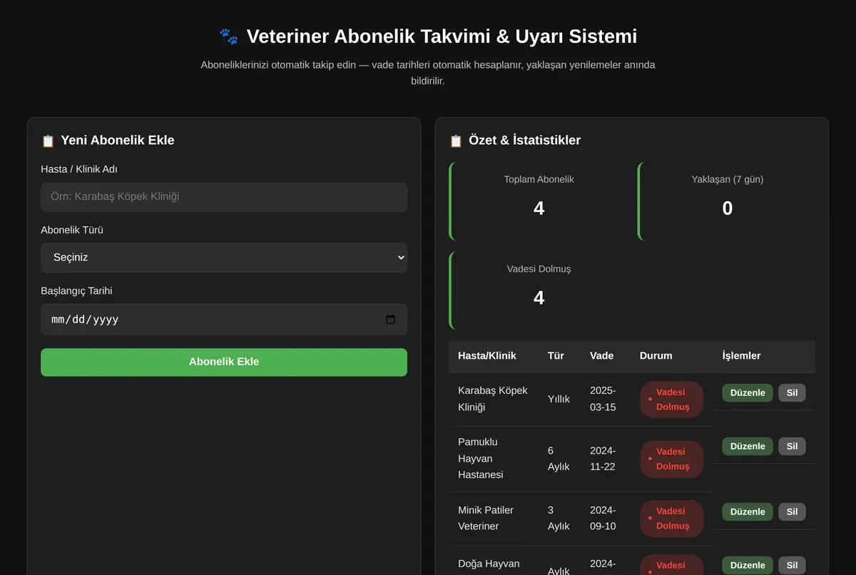 Veteriner Abonelik Takvimi & Uyarı Sistemi ekran görüntüsü 2