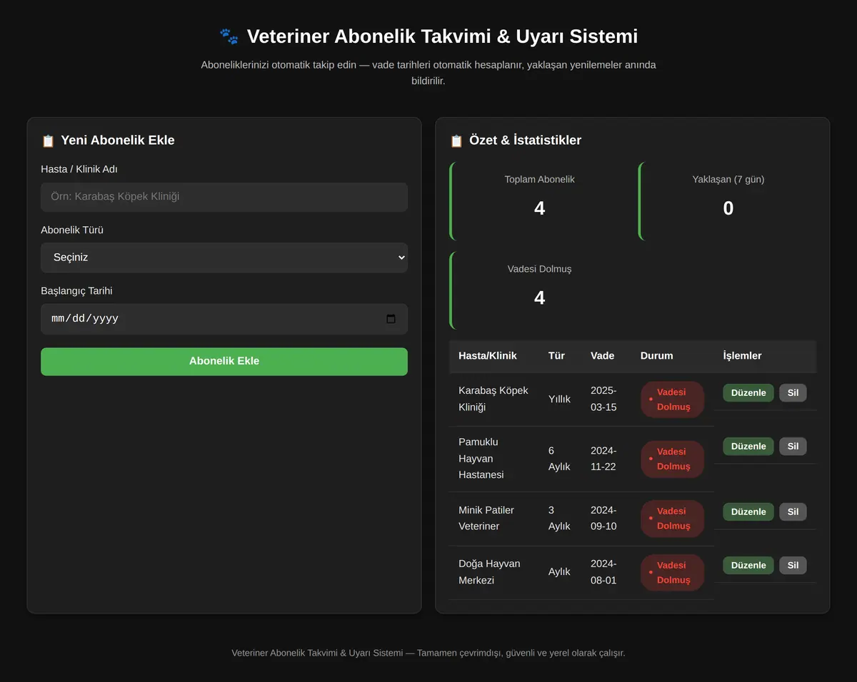 Veteriner Abonelik Takvimi & Uyarı Sistemi ekran görüntüsü 3