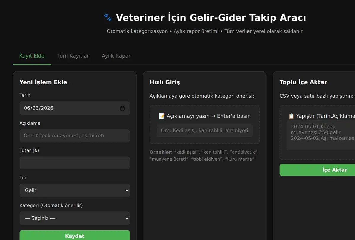 Veteriner İçin Gelir-Gider Takip Aracı ekran görüntüsü
