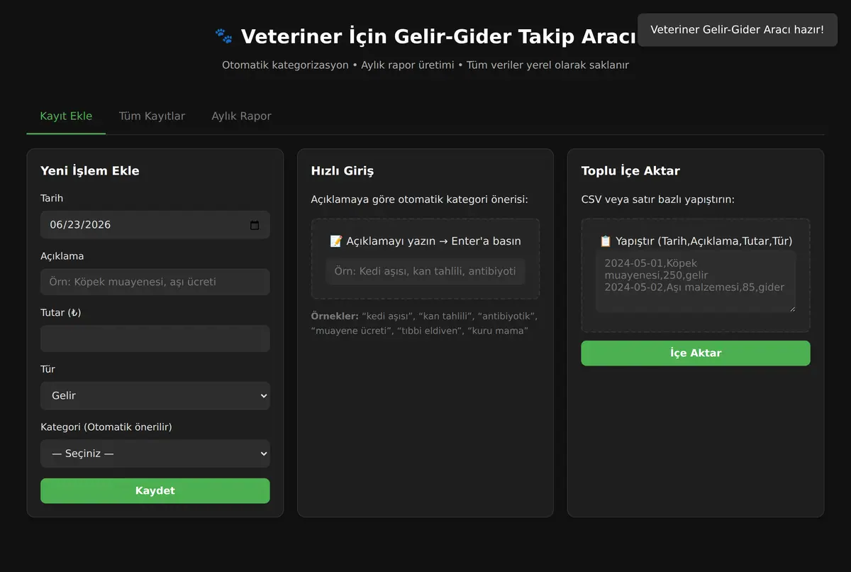 Veteriner İçin Gelir-Gider Takip Aracı ekran görüntüsü 2