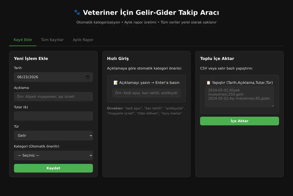 Veteriner İçin Gelir-Gider Takip Aracı ekran görüntüsü 3