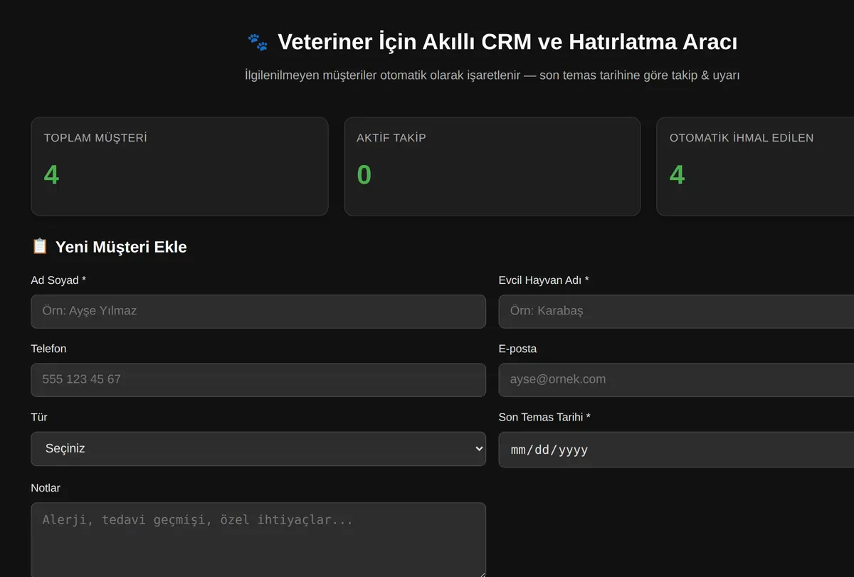 Veteriner İçin Akıllı CRM ve Hatırlatma Aracı ekran görüntüsü