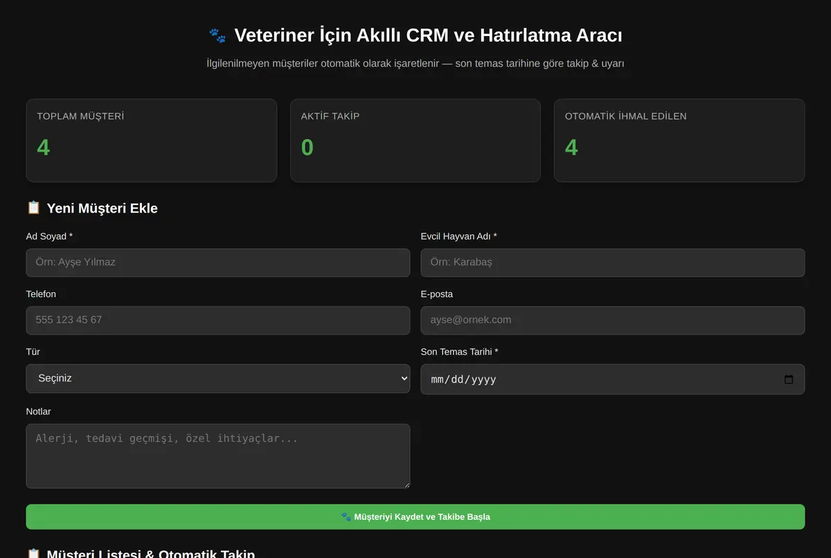 Veteriner İçin Akıllı CRM ve Hatırlatma Aracı ekran görüntüsü 2