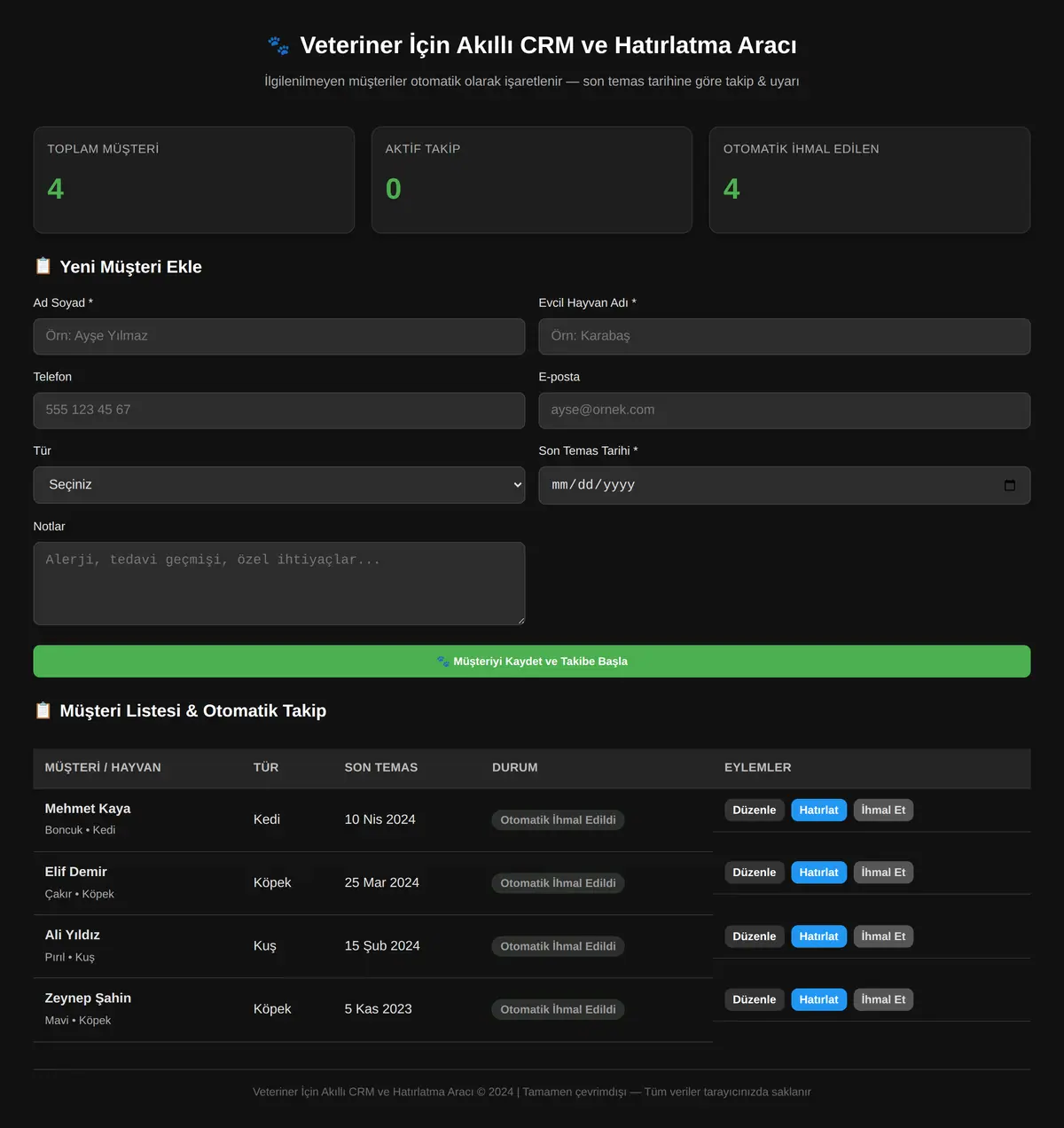 Veteriner İçin Akıllı CRM ve Hatırlatma Aracı ekran görüntüsü 3