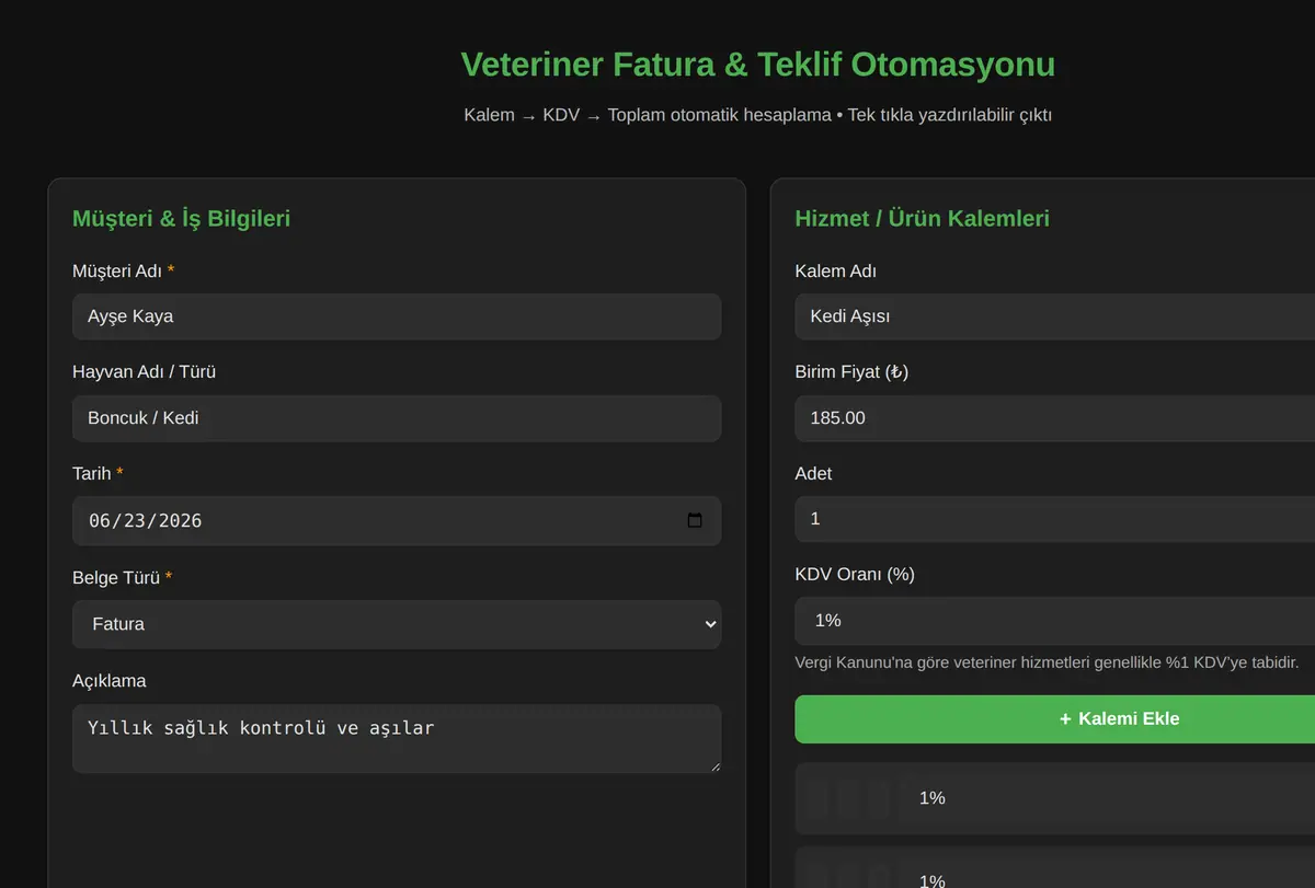 Veteriner Fatura & Teklif Otomasyonu ekran görüntüsü