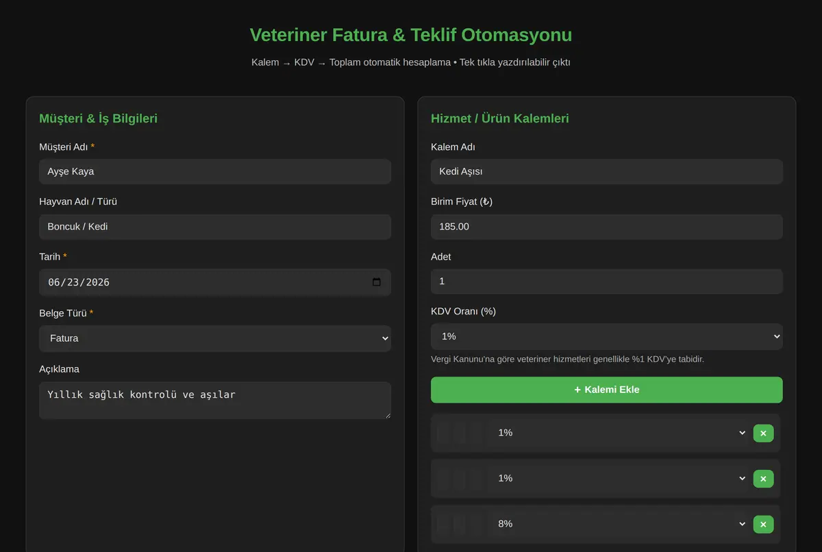 Veteriner Fatura & Teklif Otomasyonu ekran görüntüsü 2