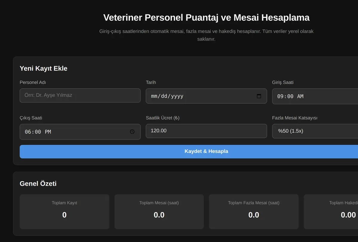 Veteriner Personel Puantaj ve Mesai Hesaplama ekran görüntüsü