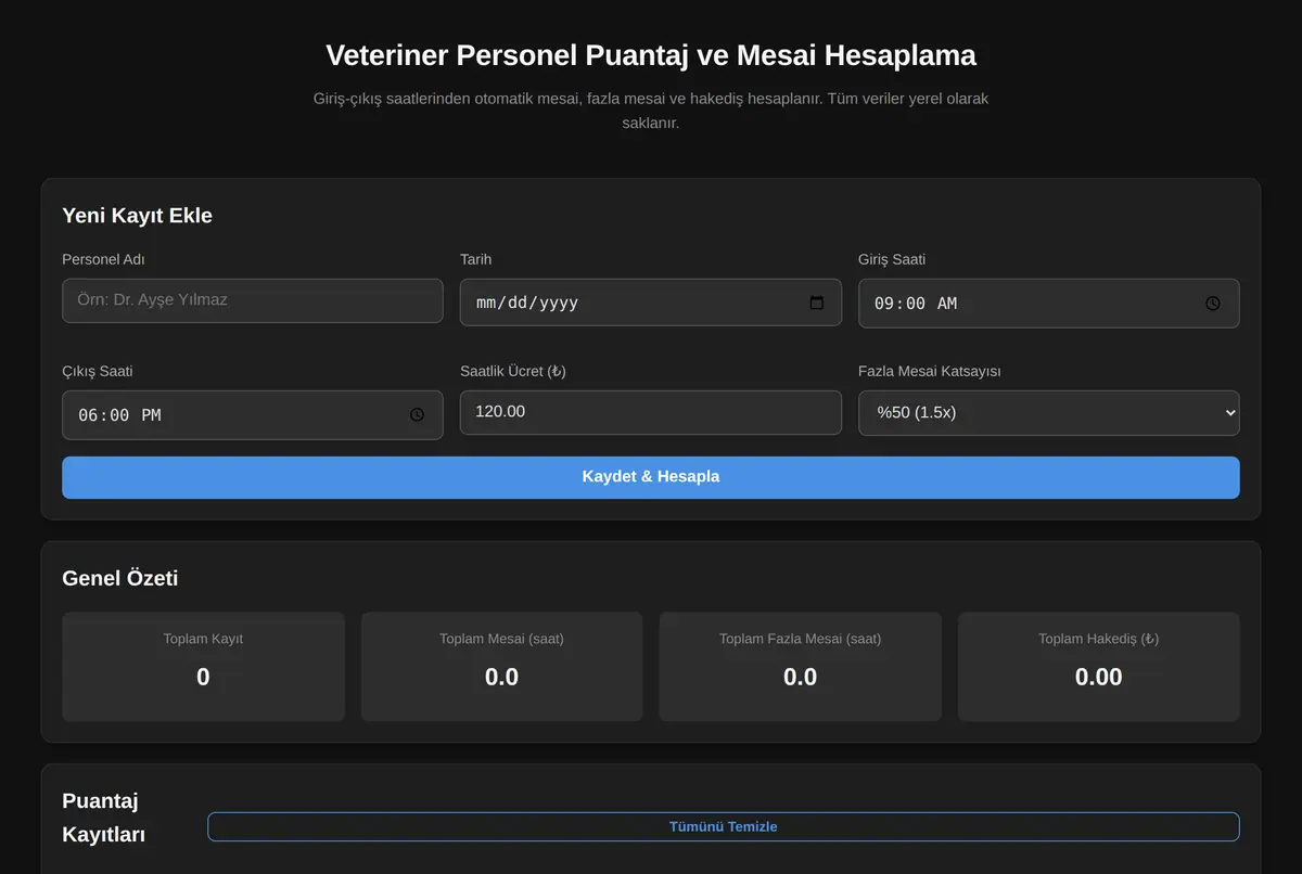 Veteriner Personel Puantaj ve Mesai Hesaplama ekran görüntüsü 2