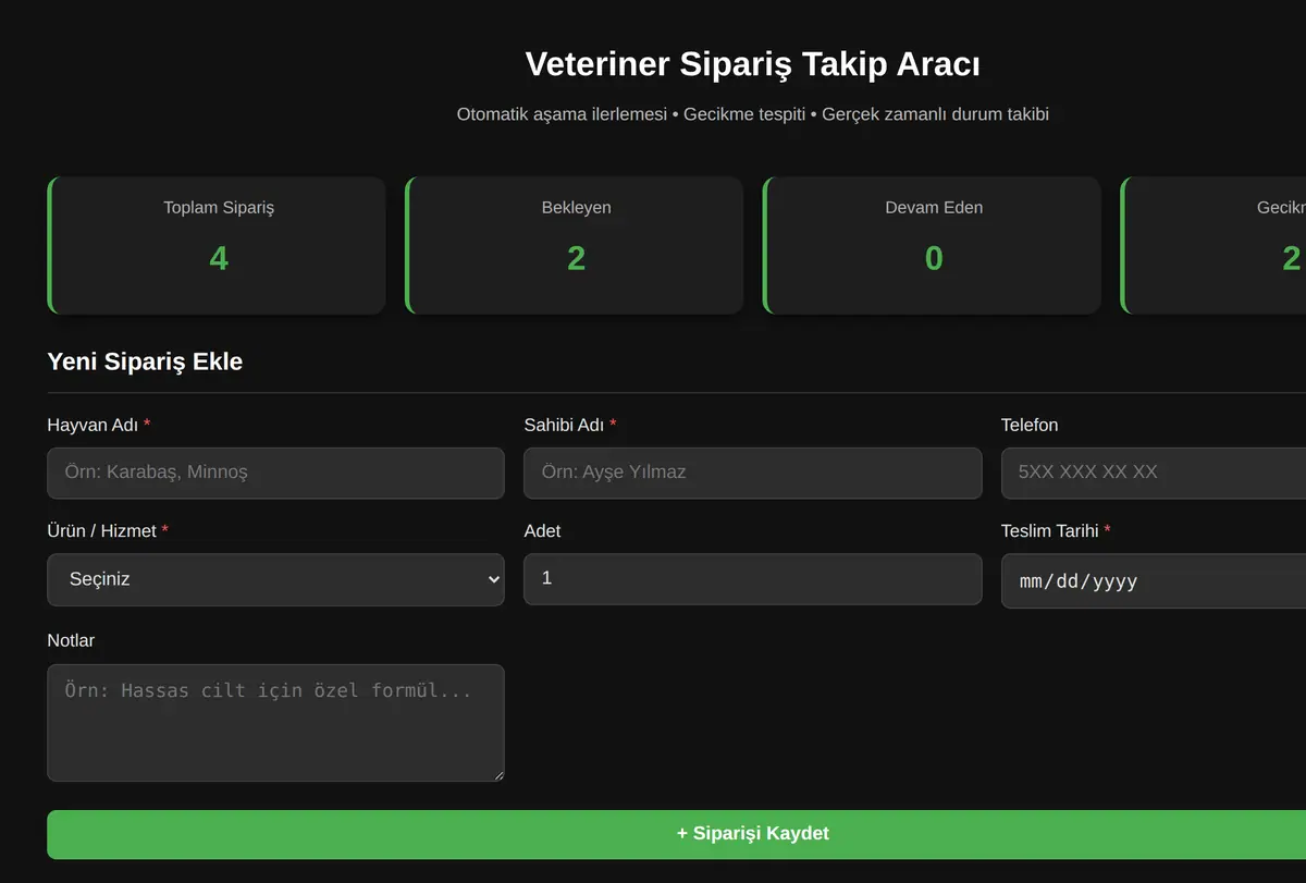 Veteriner Sipariş Takip Aracı ekran görüntüsü
