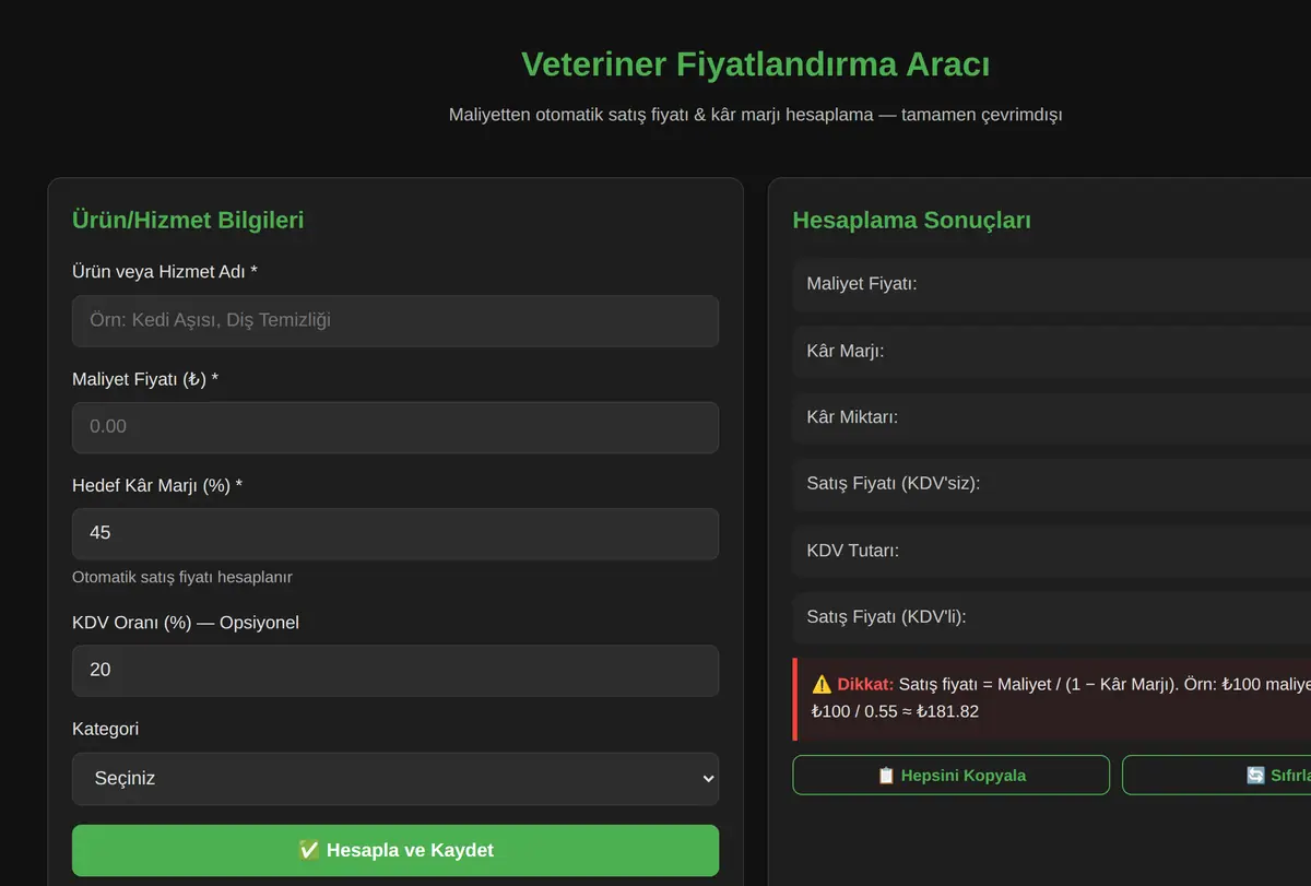 Veteriner Fiyatlandırma Aracı ekran görüntüsü
