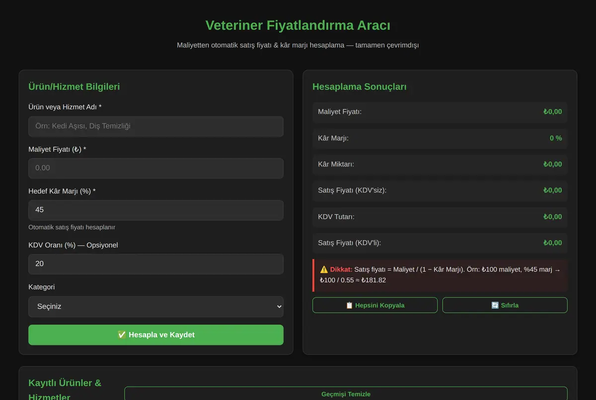 Veteriner Fiyatlandırma Aracı ekran görüntüsü 2