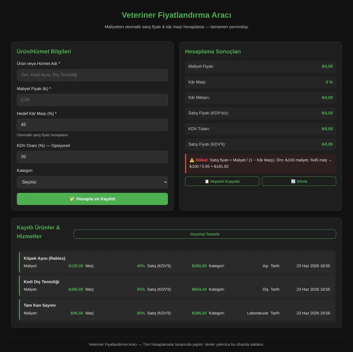 Veteriner Fiyatlandırma Aracı ekran görüntüsü 3