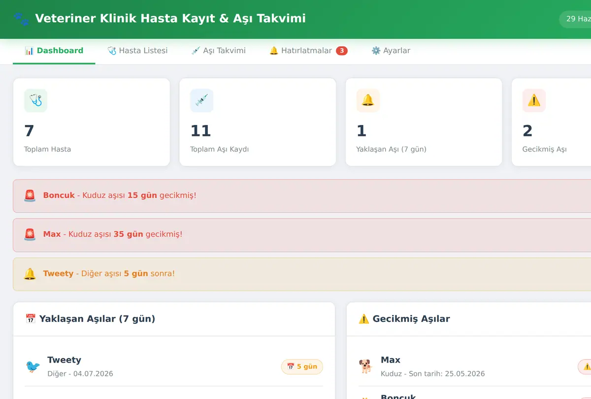 Veteriner Klinik Hasta Kayıt & Aşı Takvimi ekran görüntüsü