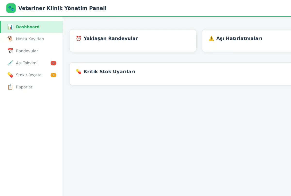 Veteriner Klinik Yönetim Paneli ekran görüntüsü