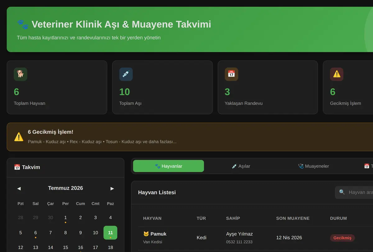 Veteriner Klinik Aşı & Muayene Takvimi ekran görüntüsü