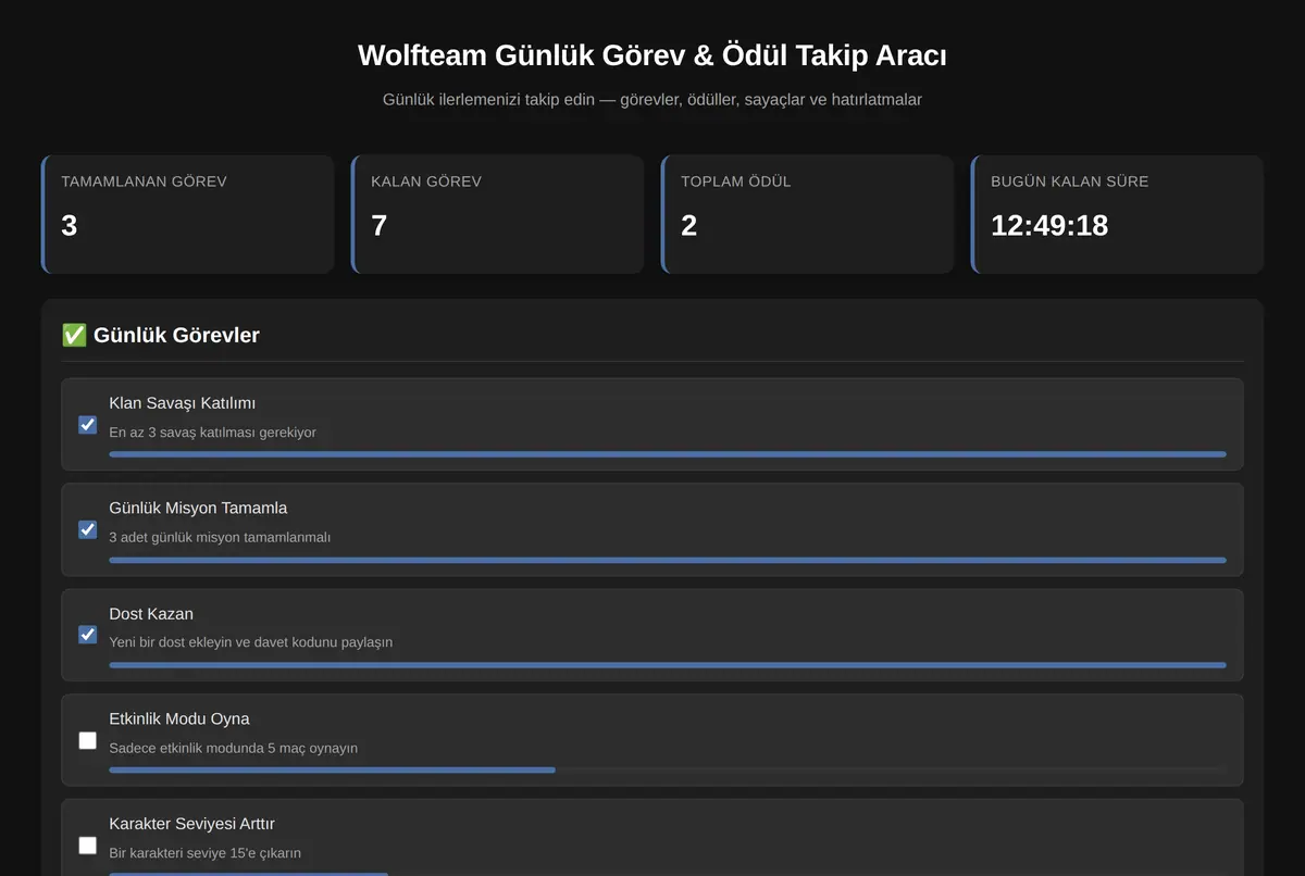 Wolfteam Günlük Görev & Ödül Takip Aracı ekran görüntüsü 2