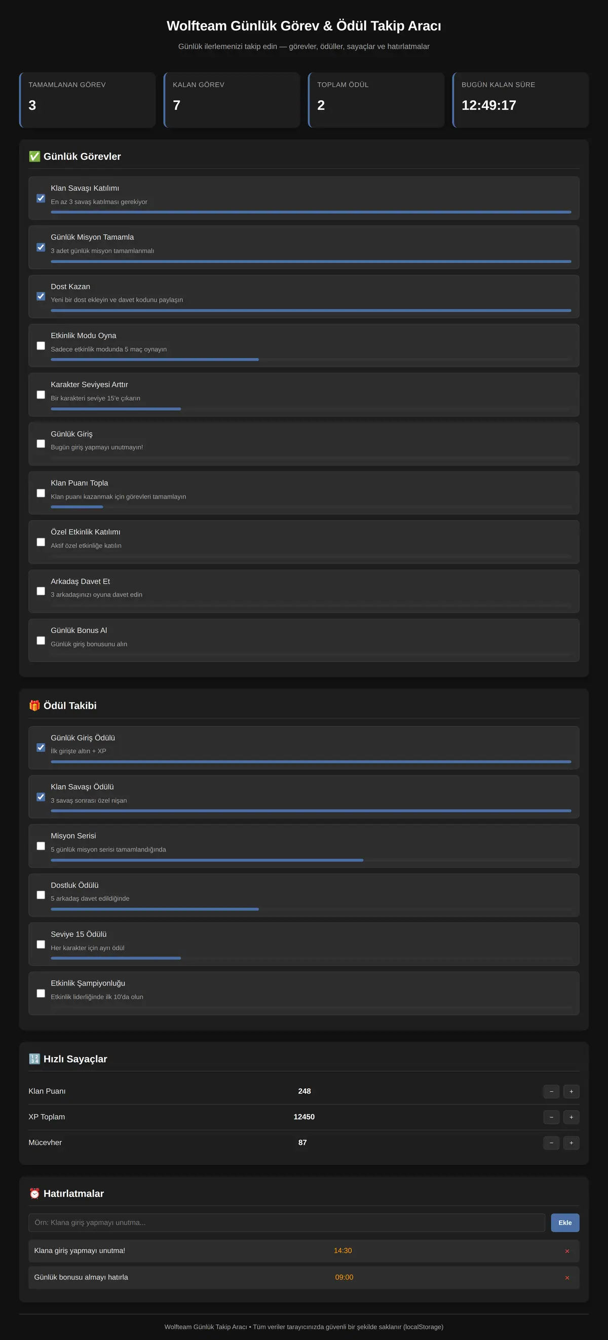 Wolfteam Günlük Görev & Ödül Takip Aracı ekran görüntüsü 3