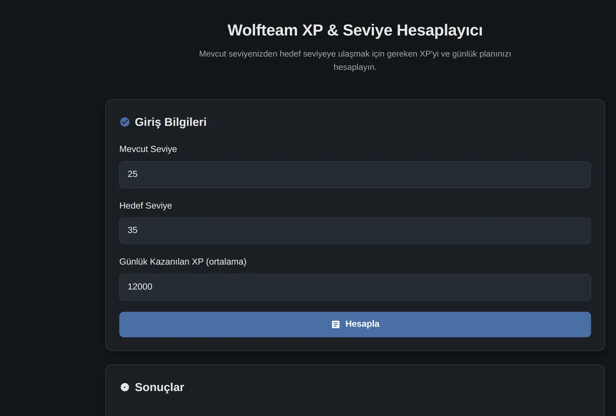 Wolfteam XP & Seviye Hesaplayıcı ekran görüntüsü