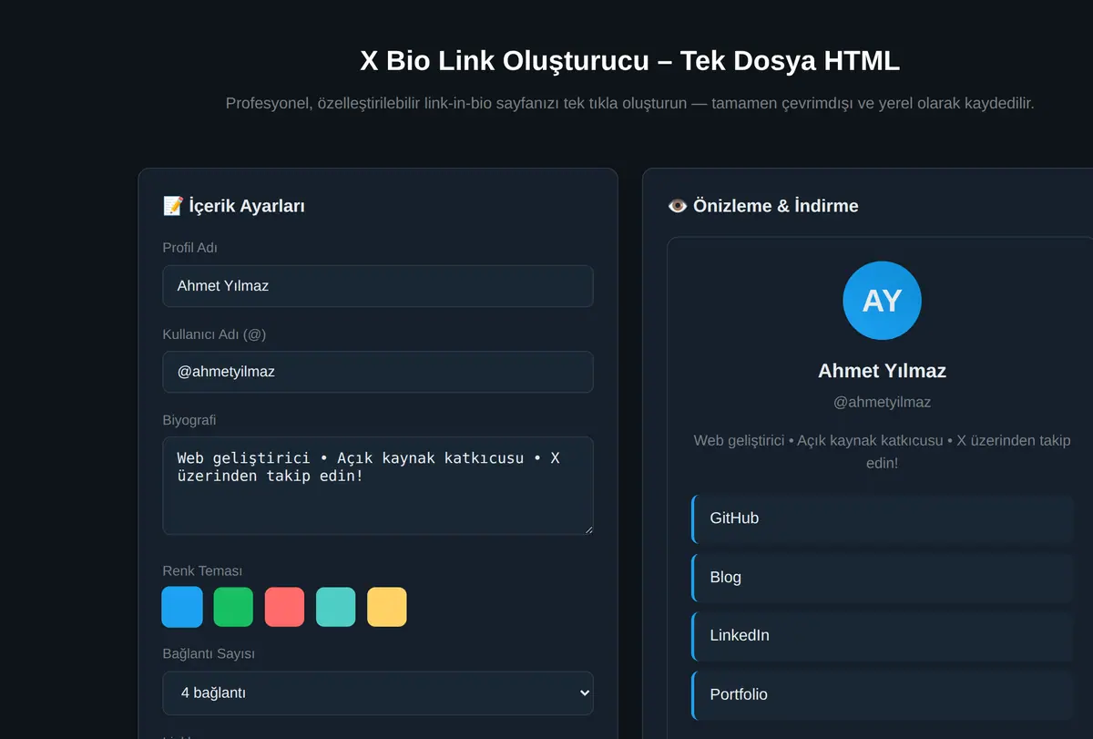 X Bio Link Oluşturucu - Tek Dosya HTML ekran görüntüsü