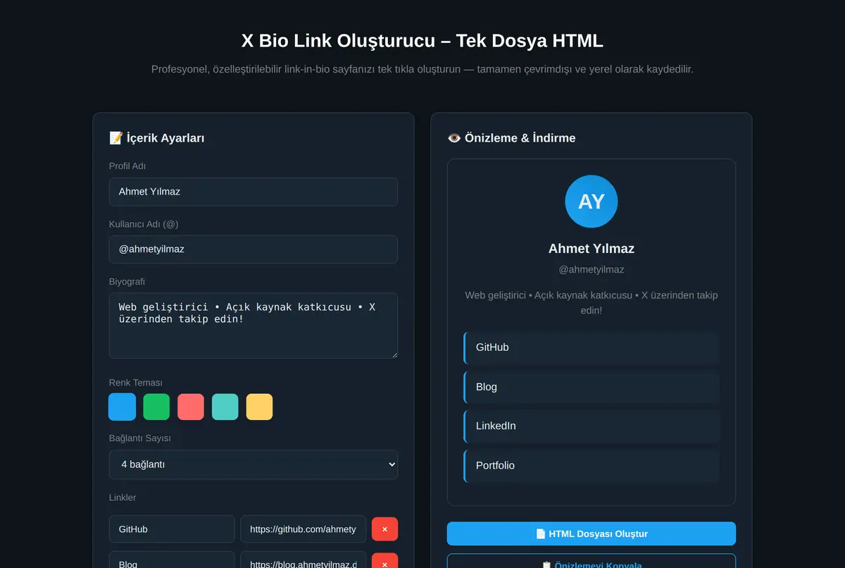X Bio Link Oluşturucu - Tek Dosya HTML ekran görüntüsü 2