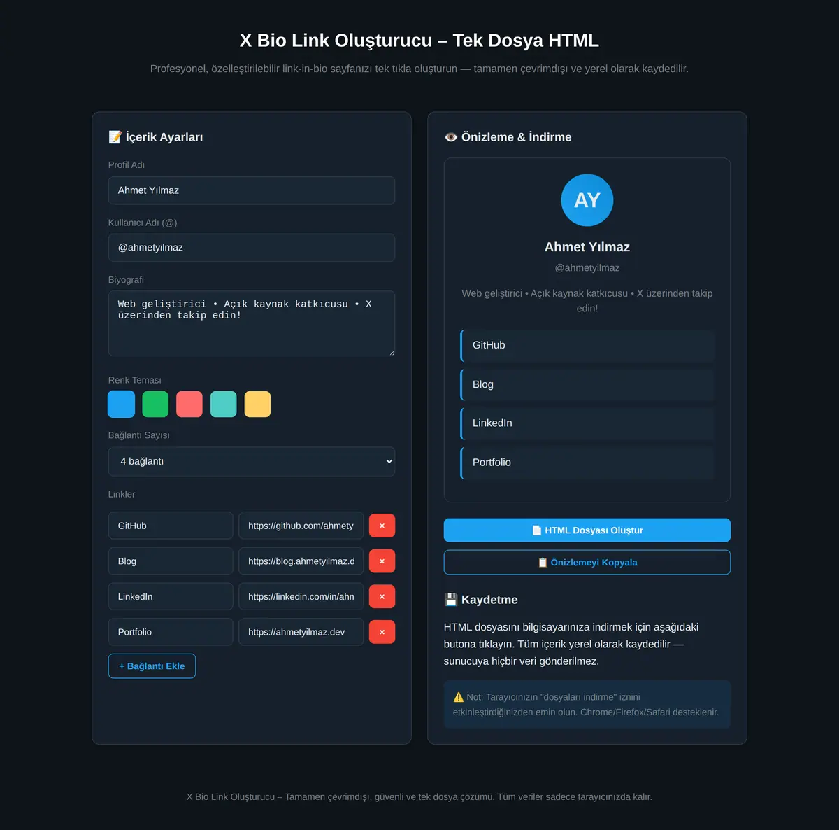 X Bio Link Oluşturucu - Tek Dosya HTML ekran görüntüsü 3
