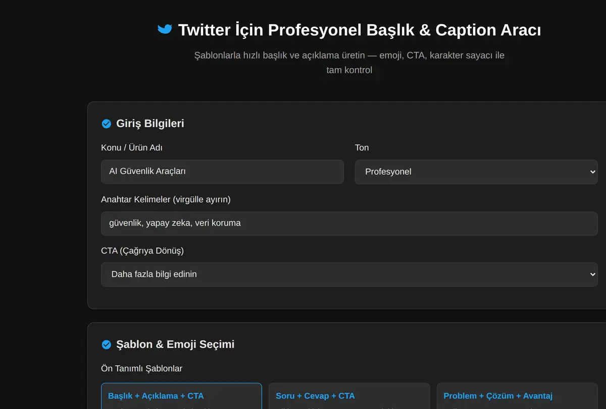 Twitter İçin Profesyonel Başlık & Caption Aracı ekran görüntüsü