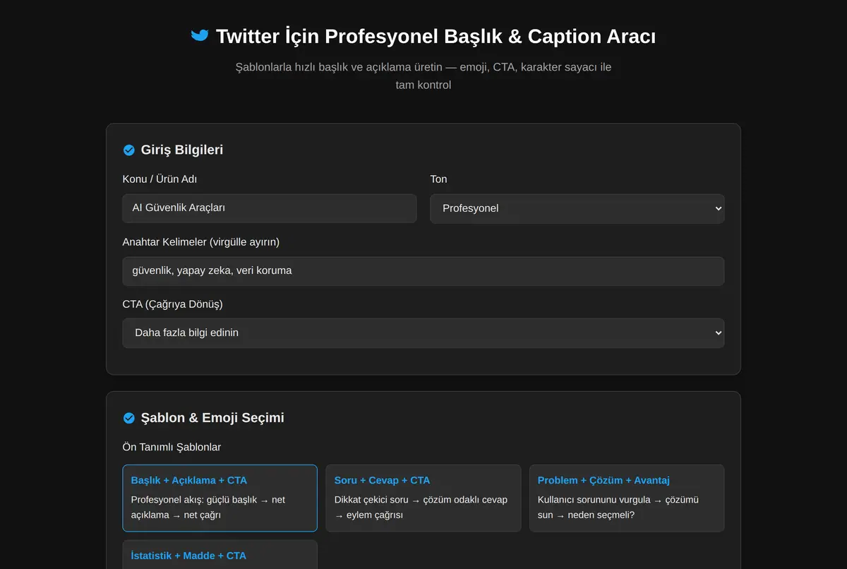 Twitter İçin Profesyonel Başlık & Caption Aracı ekran görüntüsü 2