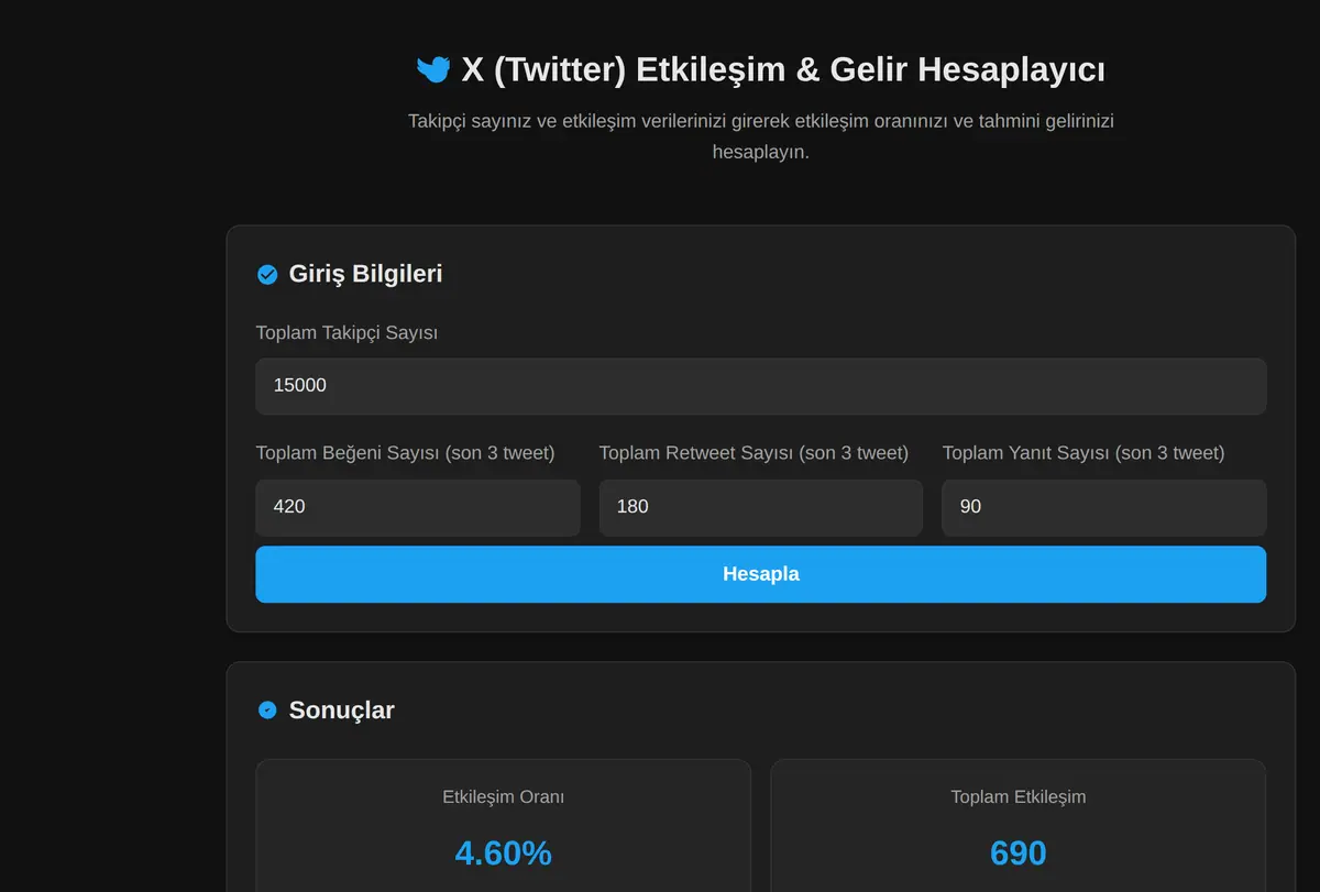 X (Twitter) Etkileşim & Gelir Hesaplayıcı ekran görüntüsü