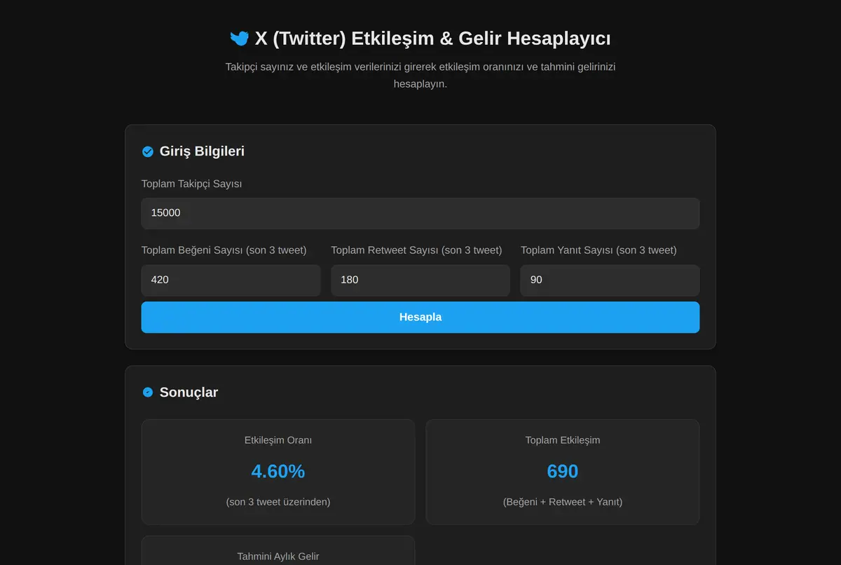 X (Twitter) Etkileşim & Gelir Hesaplayıcı ekran görüntüsü 2