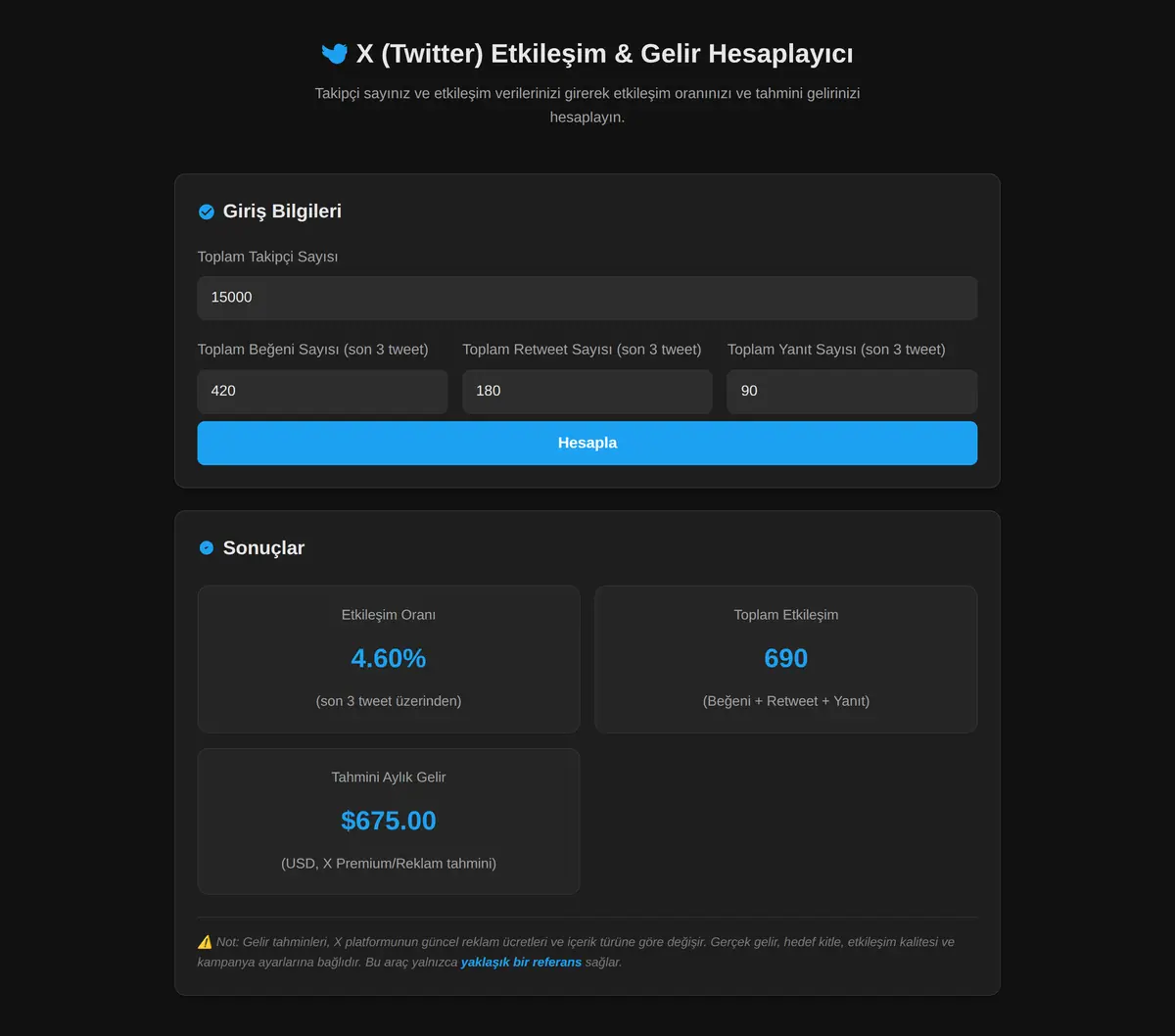 X (Twitter) Etkileşim & Gelir Hesaplayıcı ekran görüntüsü 3