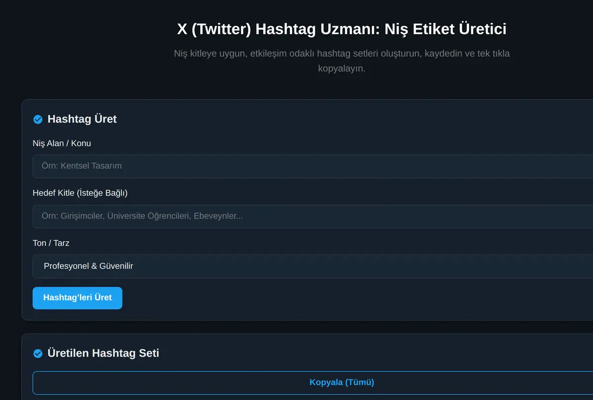 X (Twitter) Hashtag Uzmanı: Niş Etiket Üretici ekran görüntüsü