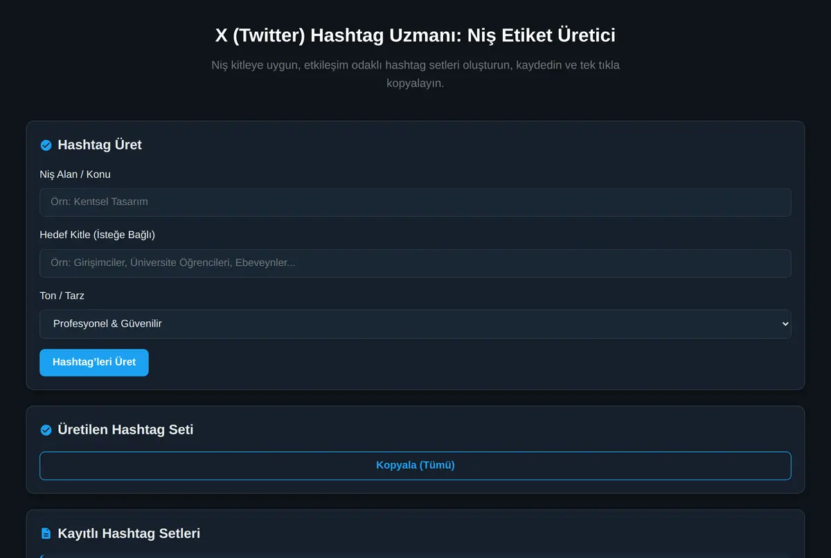 X (Twitter) Hashtag Uzmanı: Niş Etiket Üretici ekran görüntüsü 2