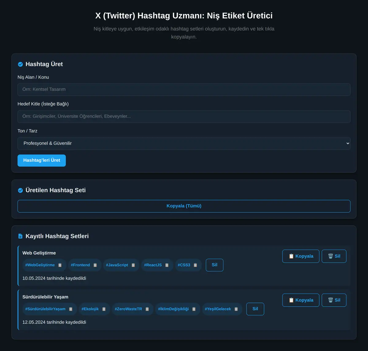 X (Twitter) Hashtag Uzmanı: Niş Etiket Üretici ekran görüntüsü 3