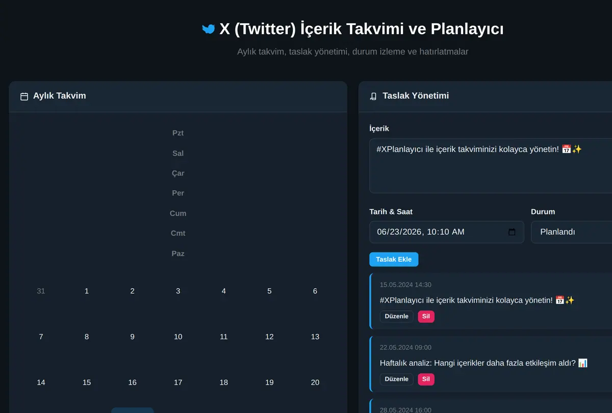 X (Twitter) İçerik Takvimi ve Planlayıcı ekran görüntüsü