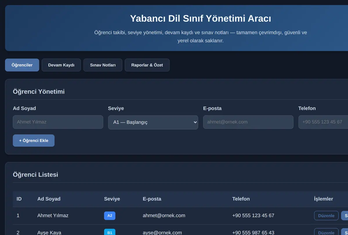 Yabancı Dil Sınıf Yönetimi Aracı ekran görüntüsü