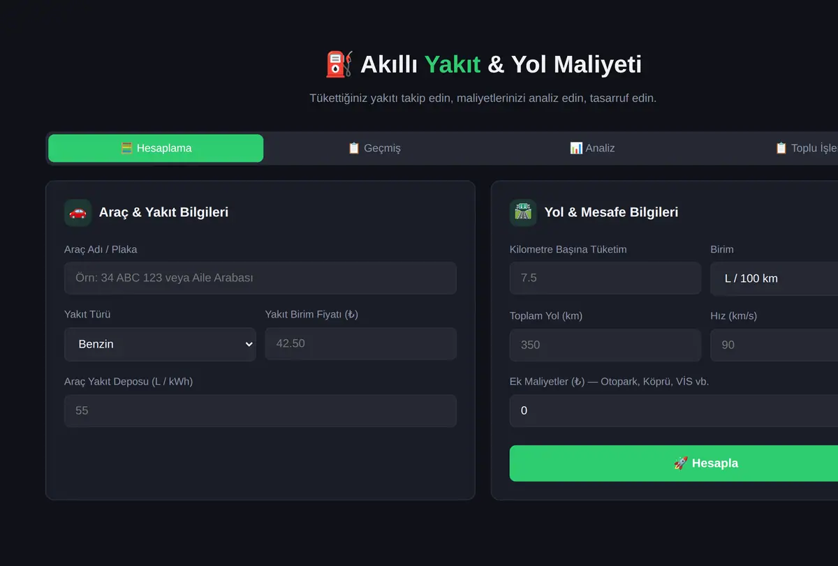 Akıllı Yakıt & Yol Maliyeti Hesaplama Aracı ekran görüntüsü