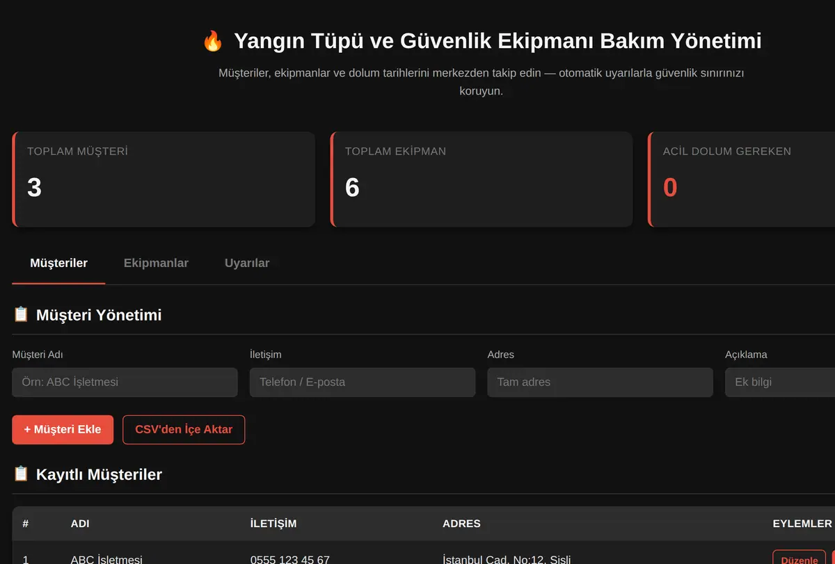 Yangın Tüpü ve Güvenlik Ekipmanı Bakım Yönetimi ekran görüntüsü