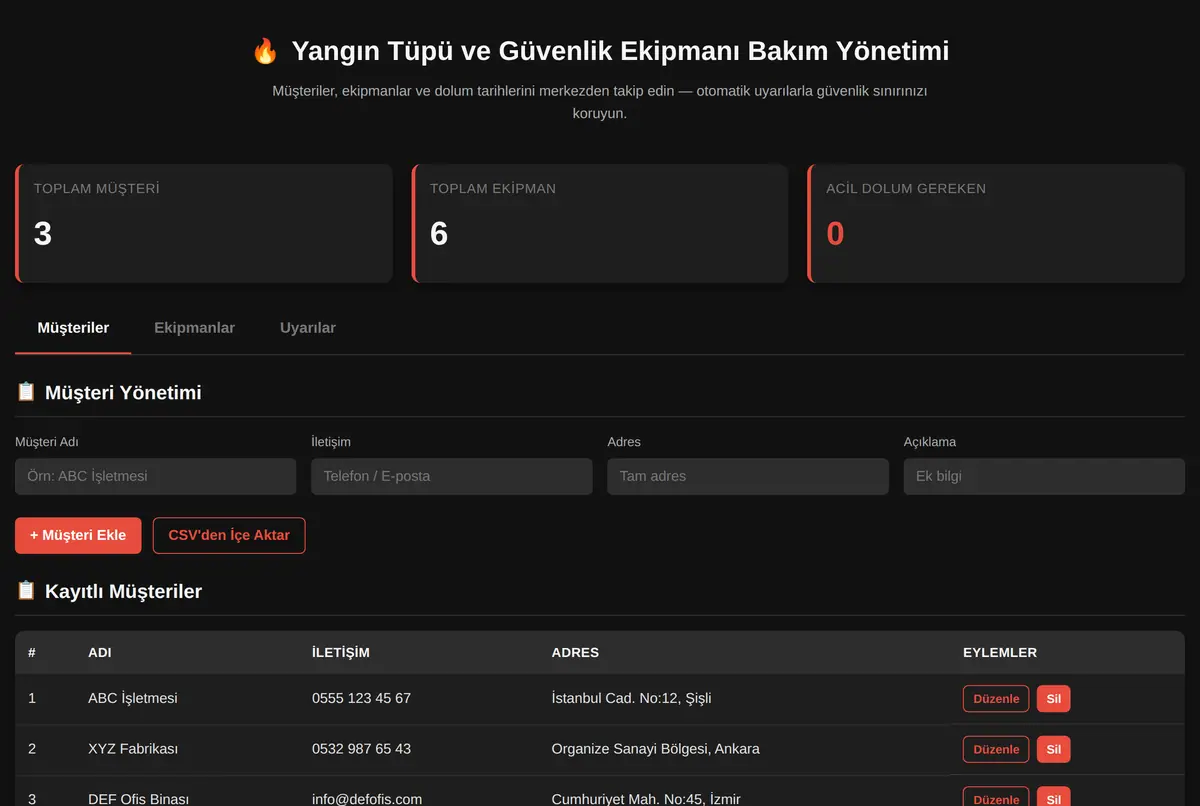Yangın Tüpü ve Güvenlik Ekipmanı Bakım Yönetimi ekran görüntüsü 2