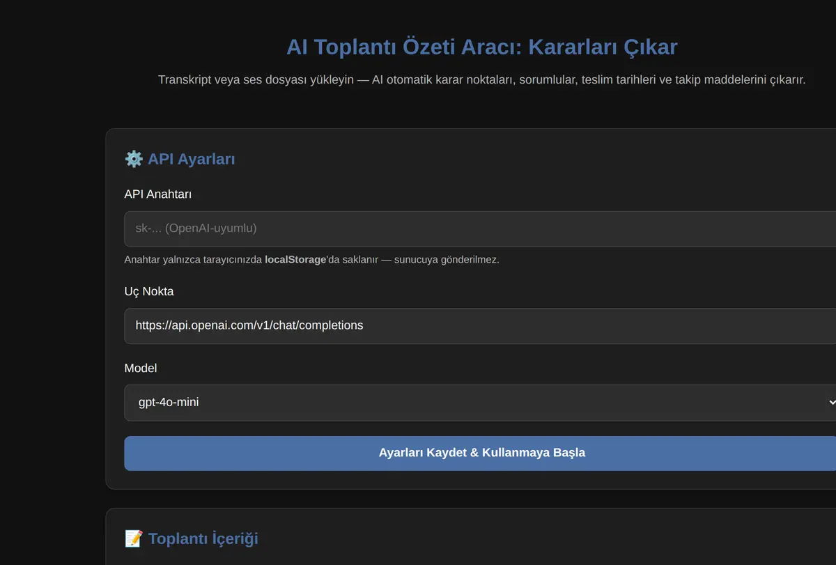 AI Toplantı Özeti Aracı: Kararları Çıkar ekran görüntüsü