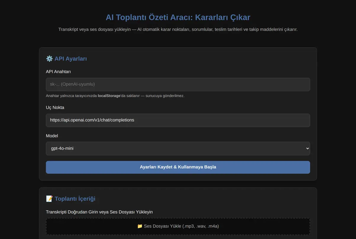AI Toplantı Özeti Aracı: Kararları Çıkar ekran görüntüsü 2