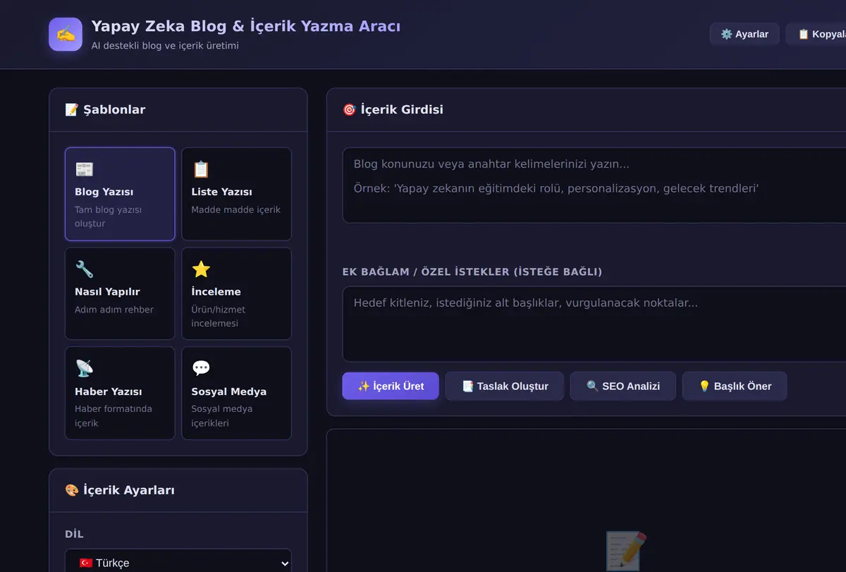Yapay Zeka Blog & İçerik Yazma Aracı ekran görüntüsü