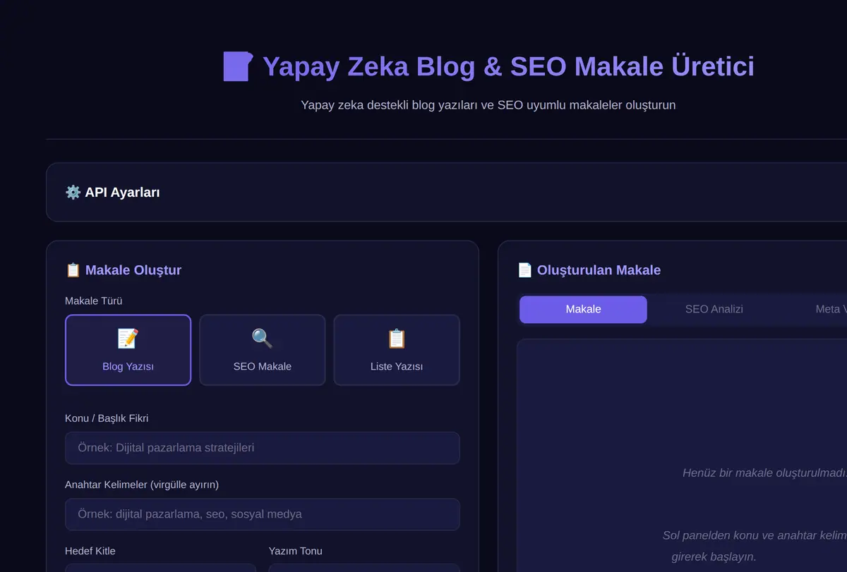 Yapay Zeka Blog & SEO Makale Üretici ekran görüntüsü