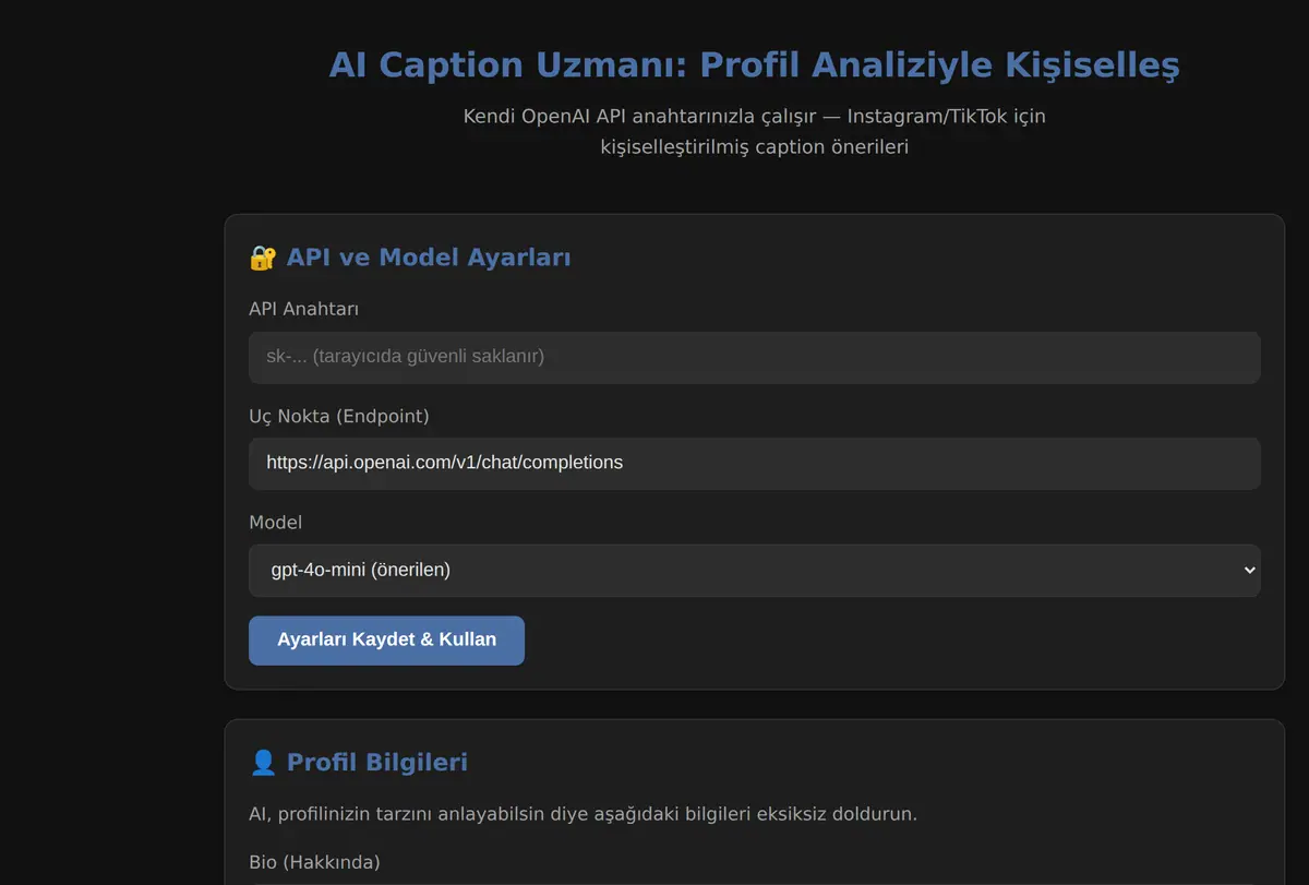 AI Caption Uzmanı: Profil Analiziyle Kişiselleş ekran görüntüsü
